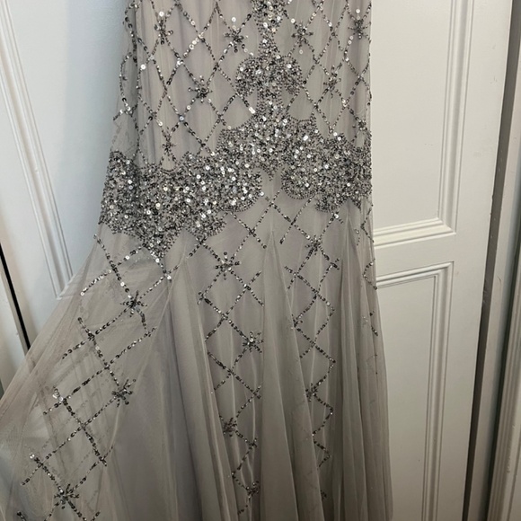Adrian Papell Fully Beaded Godet Gown with Sheer Sleeves - Picture 7 of 11